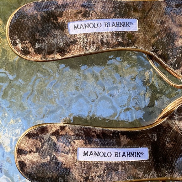 Manolo Blahnik Brown & Gold Strappy Kitten Heels - Picture 7 of 13